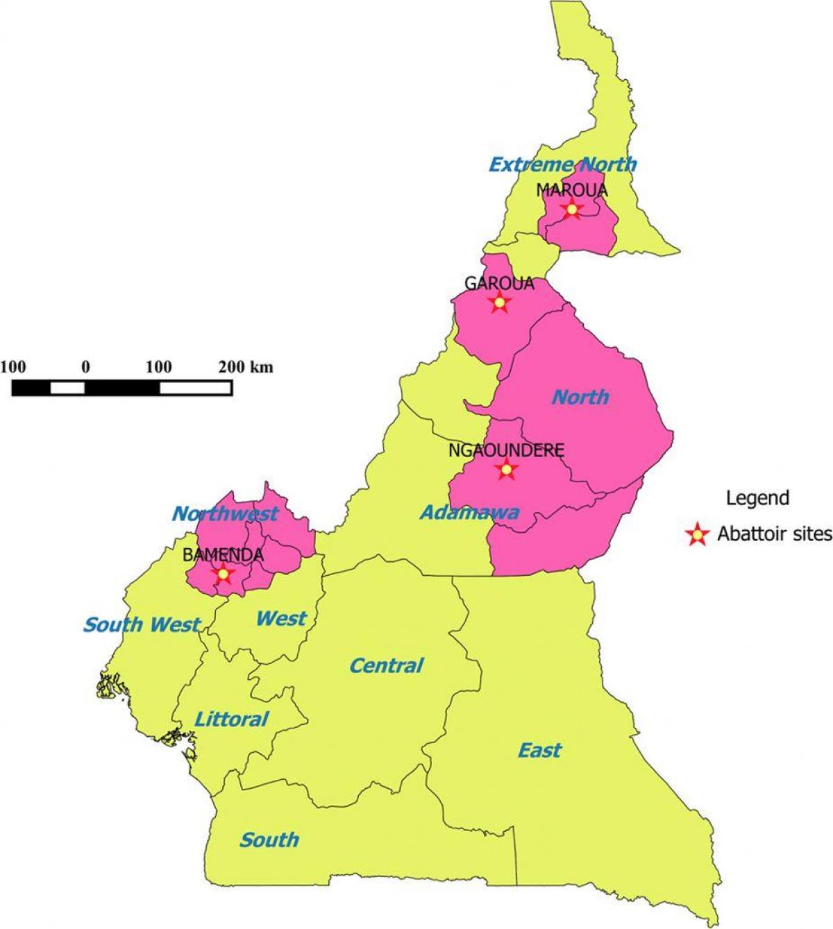 Pokazujući regije Kameruna karti